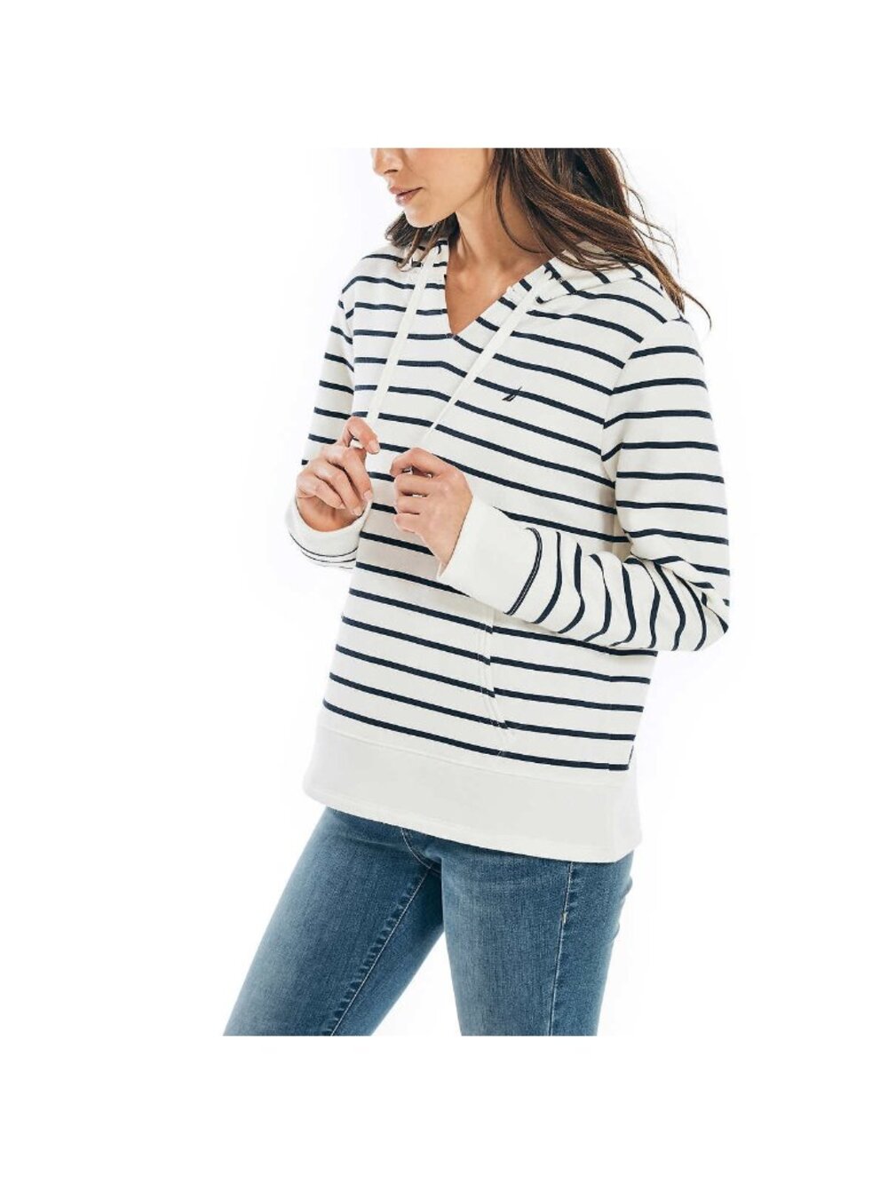 Nautica Blue & White Striped Preppy Nautical Kangaroo Pocket Pullover Sweater